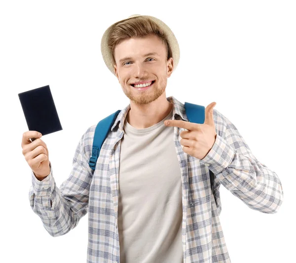 Jovem turista com passaporte sobre fundo branco Imagem De Stock