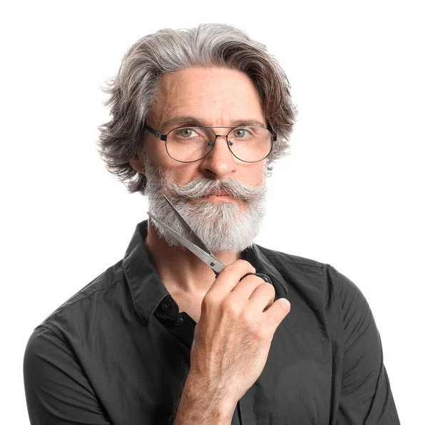 Mature male hairdresser on white background — Stock Photo, Image