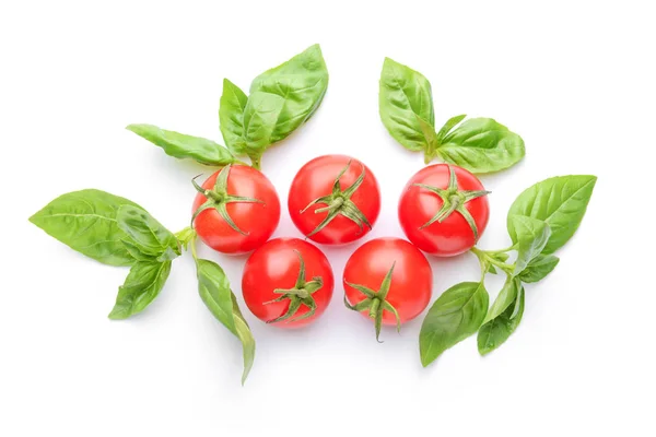 Świeża bazylia i pomidor na białym tle — Zdjęcie stockowe