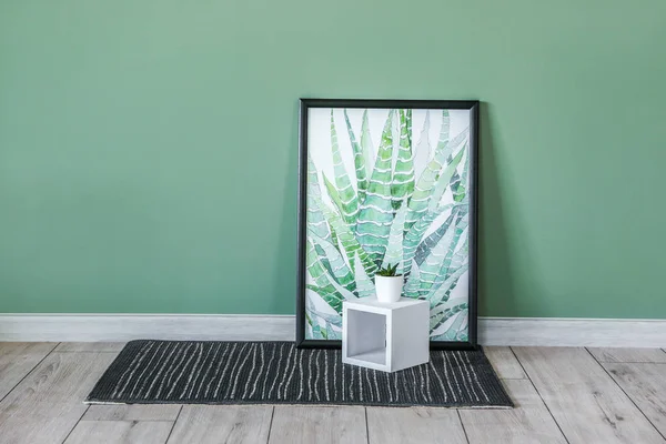 Picture with plant in pot and rug on floor near wall — Stock Photo, Image