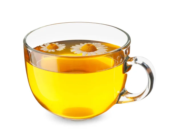 Cup of hot chamomile tea on white background — Stock Photo, Image