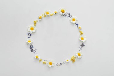 Beyaz arka plan üzerinde çiçeklerden yapılmış daire