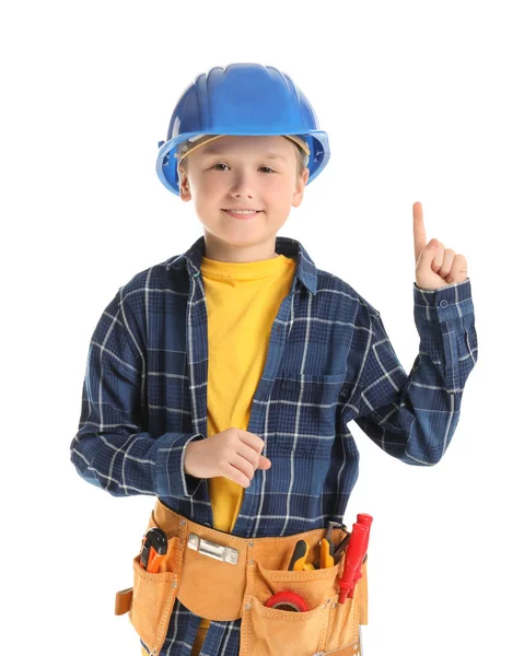Cute little worker with raised index finger on white background — Stock Photo, Image