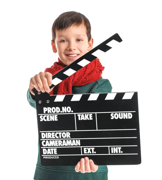 Little boy with clapperboard on white background — Stock Photo, Image