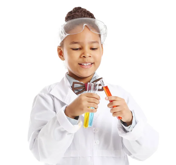 Little African-American scientist on white background — Stock Photo, Image