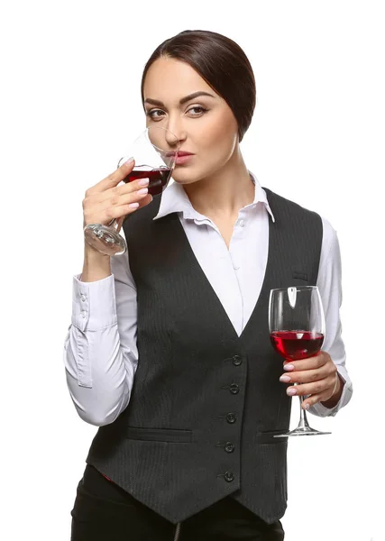 Retrato de sommelier feminino elegante no fundo branco — Fotografia de Stock