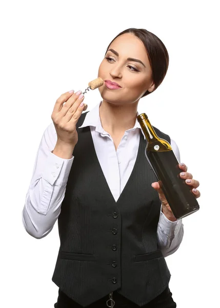 Retrato de sommelier feminino elegante no fundo branco — Fotografia de Stock