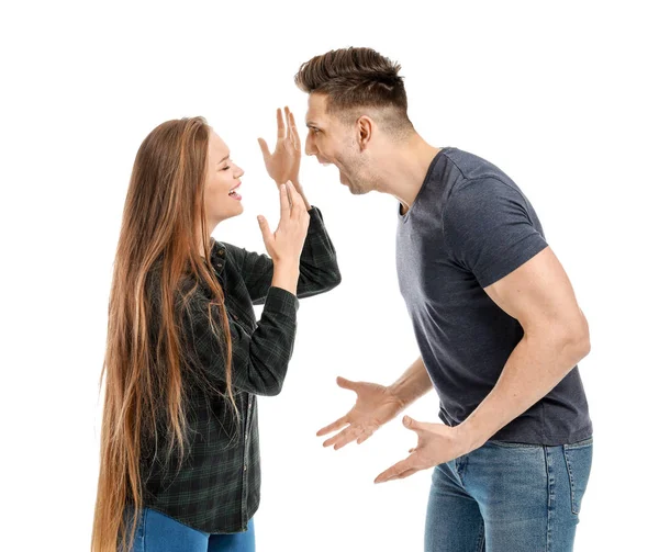 Young quarrelling couple on white background — Stock Photo, Image