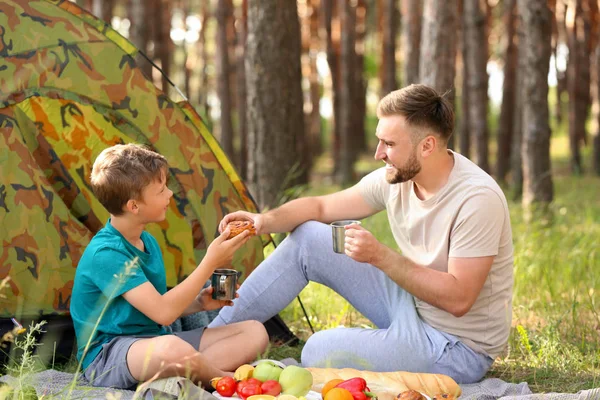 Padre e suo figlio che fanno un picnic nella foresta — Foto Stock