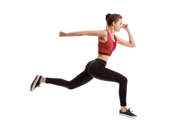 Running sporty woman on white background — Stock Photo, Image