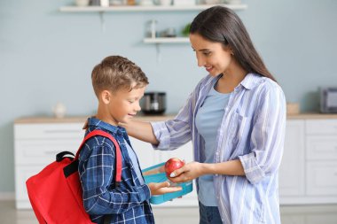 Anne ve küçük oğlu okuldan önce öğle yemeği kutusu ile