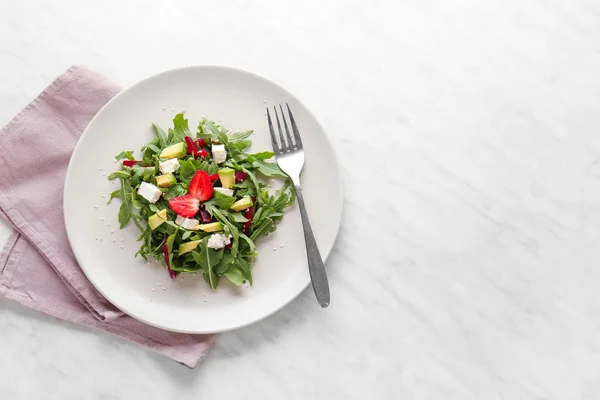 Plate with tasty beet salad on light background — Stock Photo, Image