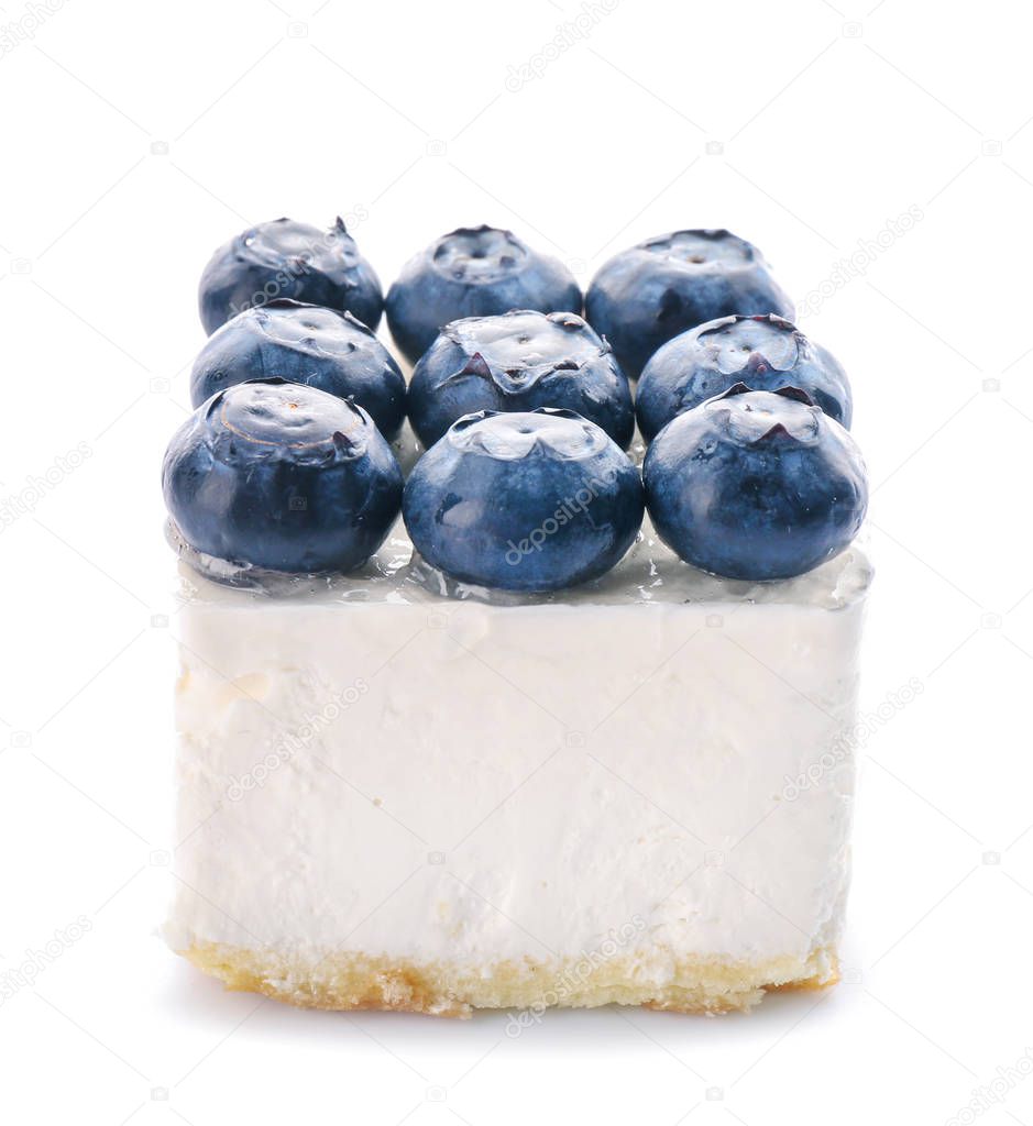 Tasty mousse cake with blueberry on white background