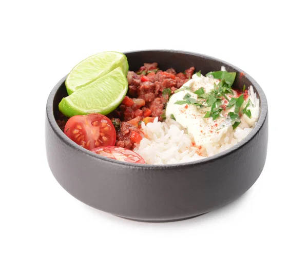Bowl with tasty chili con carne and rice on white background — Stock Photo, Image