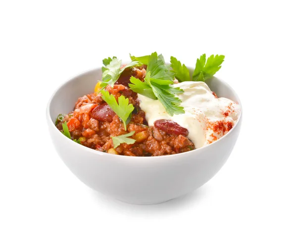 Bowl with tasty chili con carne on white background — Stock Photo, Image