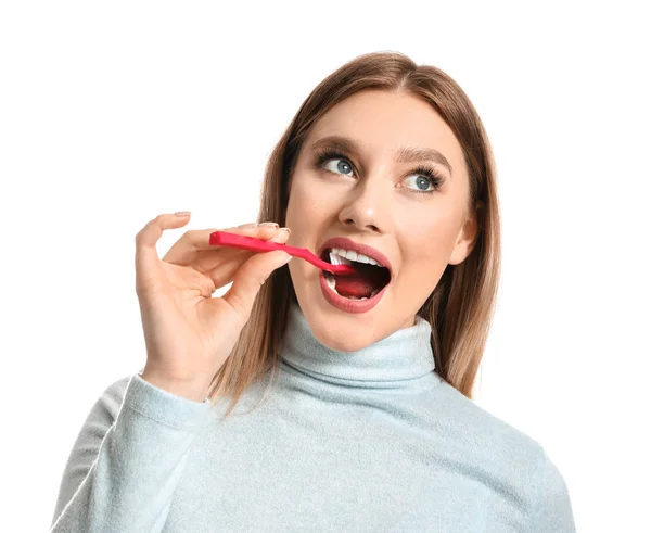 Woman cleaning teeth on white background — Stock Photo, Image