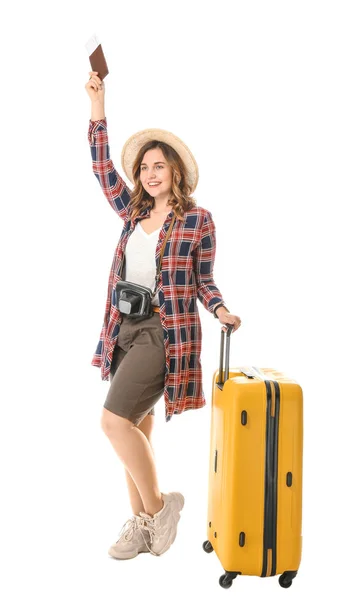 Female tourist with luggage on white background — Stock Photo, Image