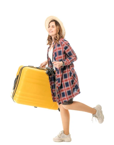 Női turista poggyász fehér háttér — Stock Fotó