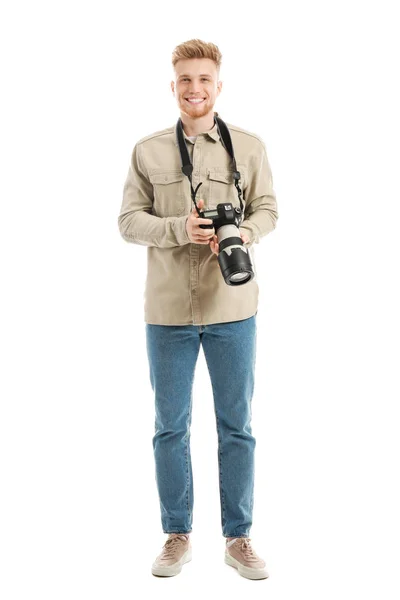 Młody mężczyzna fotograf na białym tle — Zdjęcie stockowe