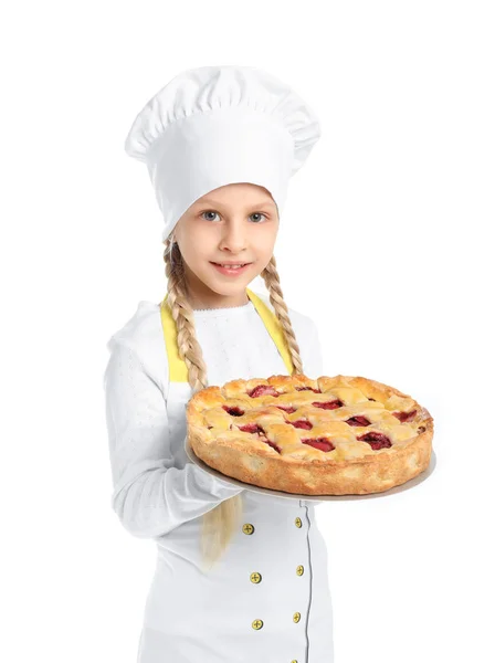 Cute little chef with pie on white background — Stock Photo, Image