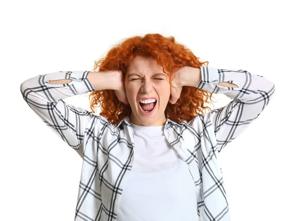 Stressed redhead woman on white background — Stock Photo, Image