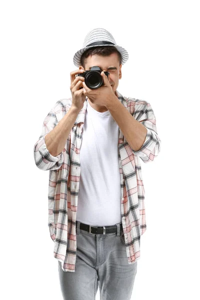 Férfi fotográfus, fehér háttér — Stock Fotó