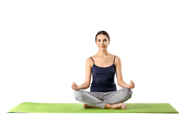 Sporty woman practicing yoga on white background — Stock Photo, Image