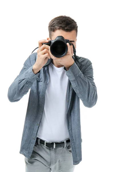 Αρσενικός φωτογράφος σε λευκό φόντο — Φωτογραφία Αρχείου