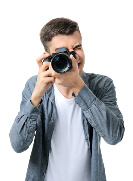 Αρσενικός φωτογράφος σε λευκό φόντο — Φωτογραφία Αρχείου