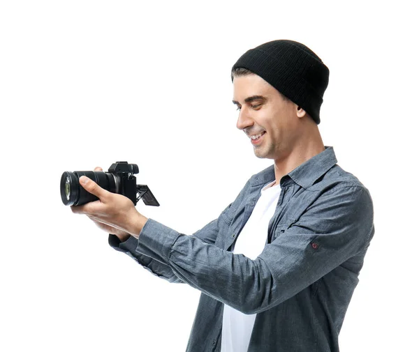 Mužský fotograf na bílém pozadí — Stock fotografie