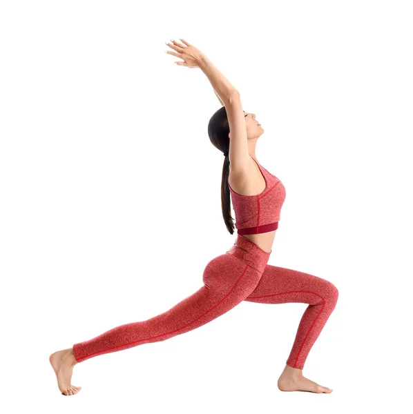Sportieve vrouw beoefenen van yoga op witte achtergrond — Stockfoto
