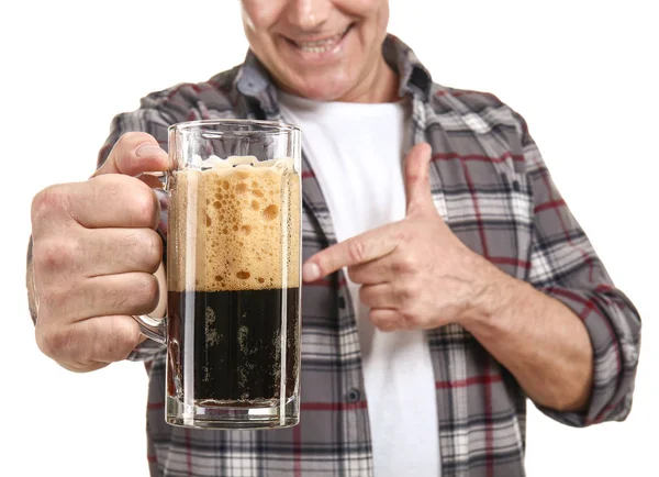 Happy middle-aged man with glass of beer on white background — Stock Photo, Image