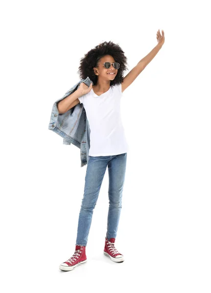 Stylish African-American girl in jeans clothes on white background — Stock Photo, Image