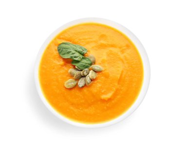 Beyaz arka planda lezzetli krem çorbası ile Bowl