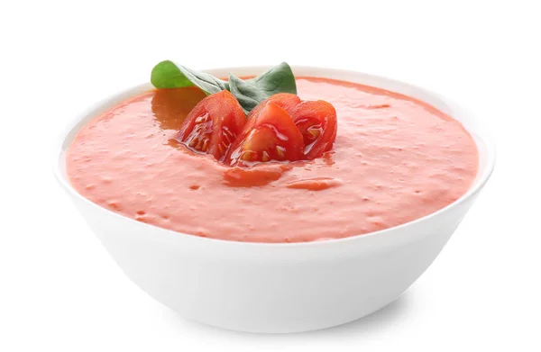 白色背景的美味番茄奶油汤碗 — 图库照片