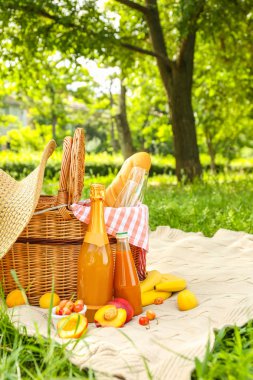 Parkta romantik piknik için lezzetli yiyecek ve içecek ile hasır sepeti