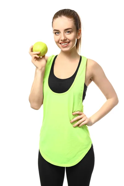 Junge Frau mit Apfel auf weißem Hintergrund. Gewichtsverlust-Konzept — Stockfoto