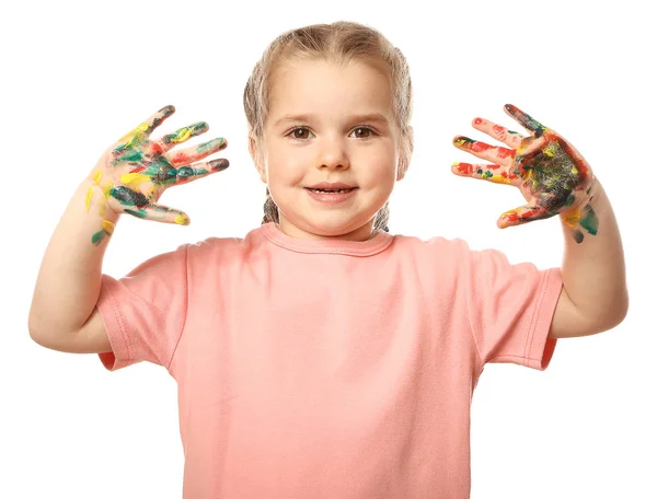 Beyaz arka planda boya elleri ile komik küçük kız — Stok fotoğraf