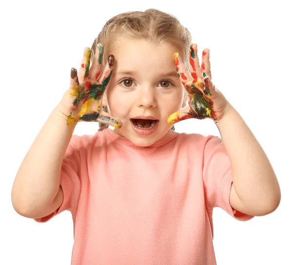 Engraçado menina com as mãos em tinta no fundo branco — Fotografia de Stock