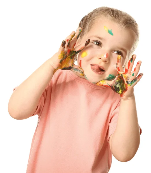 Beyaz arka planda eller ve yüz boya ile komik küçük kız — Stok fotoğraf