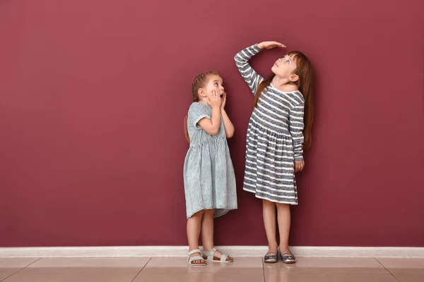 Little girls measuring height near wall — Stock Photo, Image