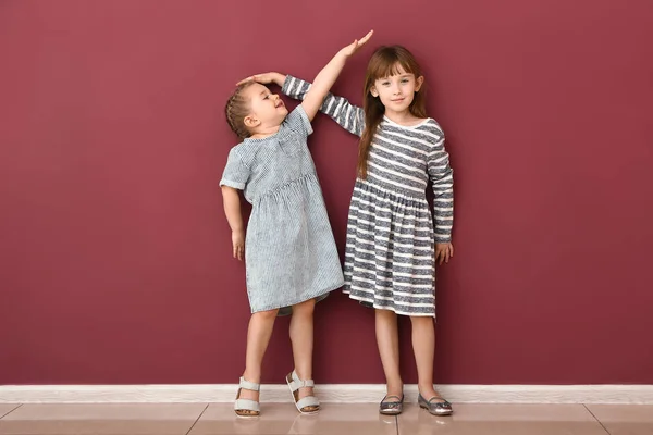Μικρά κορίτσια μετρούν ύψος κοντά στον τοίχο — Φωτογραφία Αρχείου