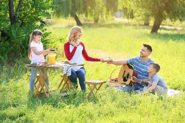 Família feliz no piquenique de verão no parque — Fotografia de Stock