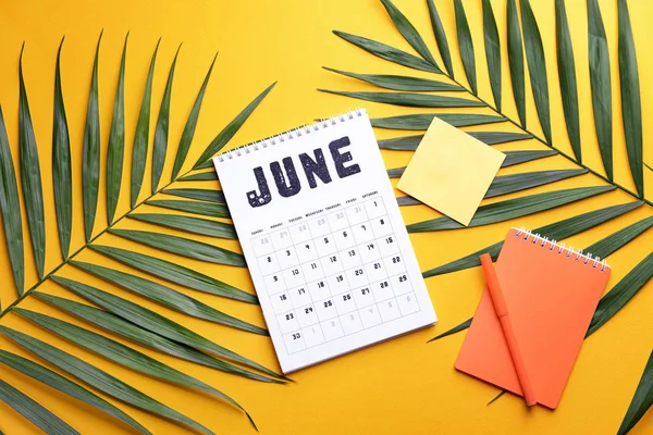 Flip calendário de papel, caderno e folhas tropicais sobre fundo de cor — Fotografia de Stock