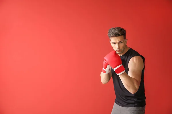色の背景にスポーティな男性ボクサー — ストック写真