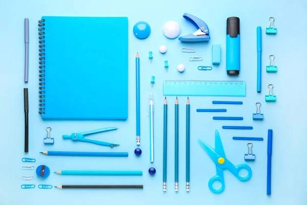 Set of school supplies on color background — Stock Photo, Image
