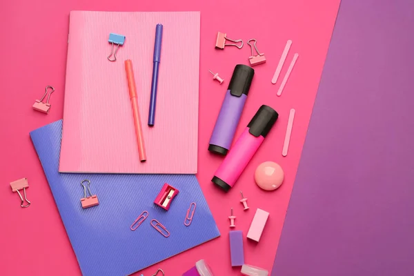 Set of school supplies on color background — Stock Photo, Image