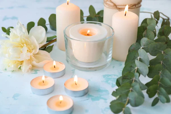 Beautiful burning candles with eucalyptus on light background — Stock Photo, Image