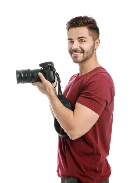 Молодой фотограф на белом фоне — стоковое фото
