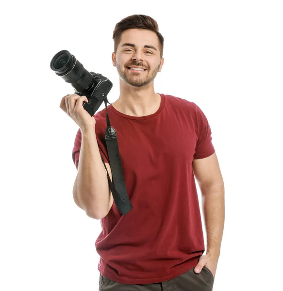 Jonge mannelijke fotograaf op witte achtergrond — Stockfoto